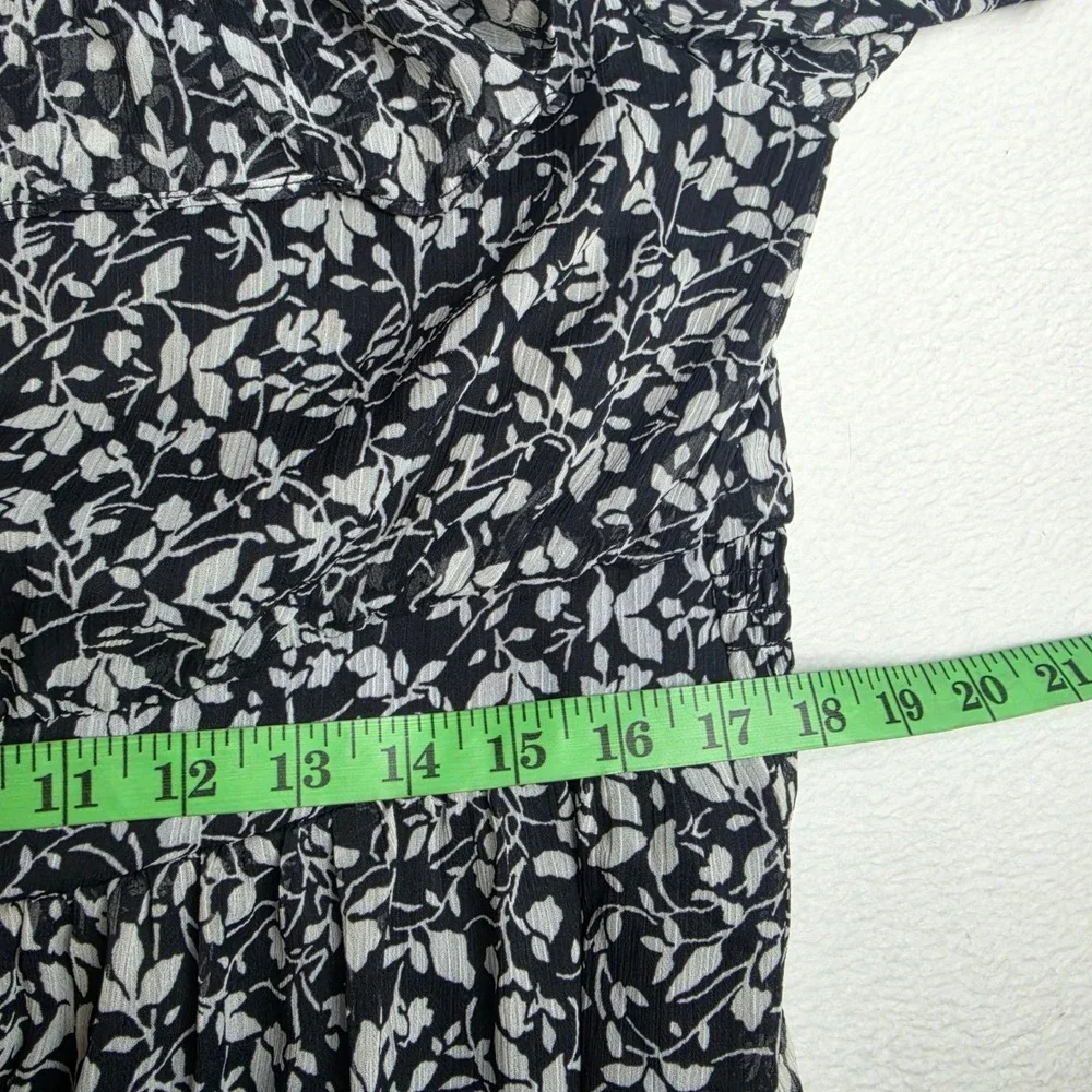 LOFT Black White Floral Ruffle Midi Dress 3/4 Sleeve Large
